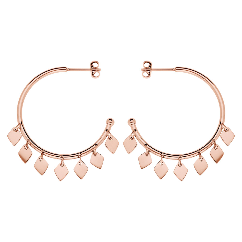 Croles en acier et PVD rose fantaisie avec pampilles losanges 30mm et fermoir poussette - Vue 1