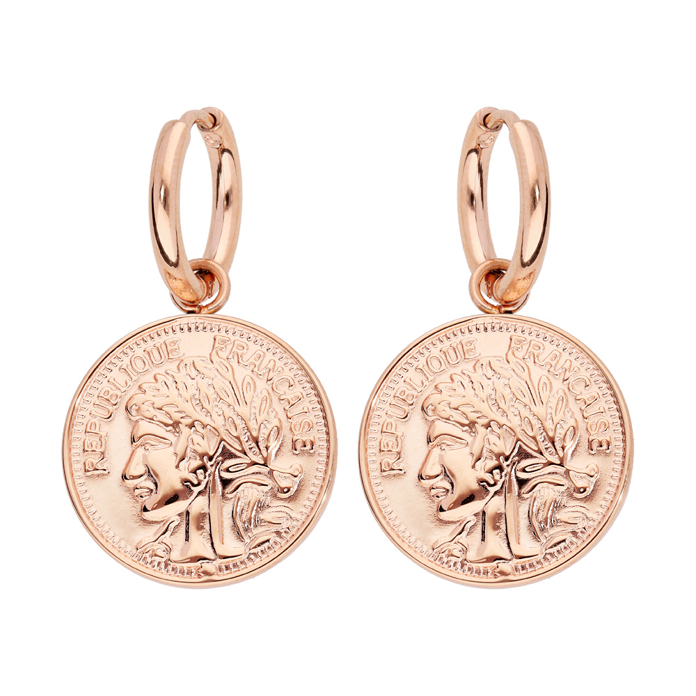 Cr�oles en acier et PVD rose fausse pi�ce de monnaie suspendue - Vue 1