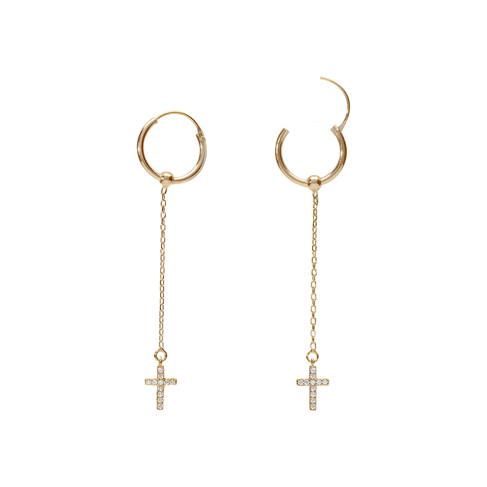 Cr�oles en argent dor� 15mm cha�nette et croix d\'oxydes blancs - Vue 1