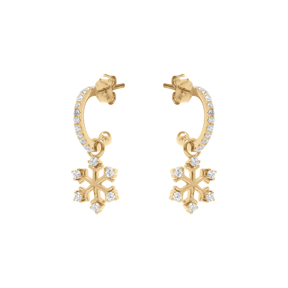 Cr�oles en argent dor� articul�es oxydes blancs motif flocon de neige pendant - Vue 1