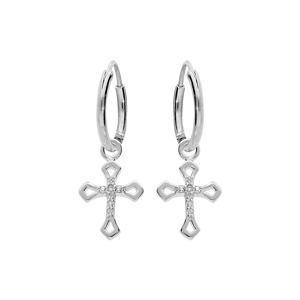 Croles en argent rhodi 10mm avec pampille croix oxydes blancs sertis - Vue 1