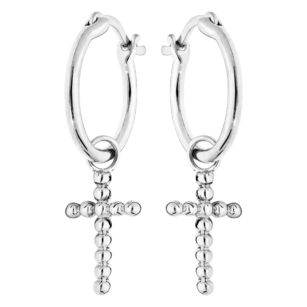 Cr�oles en argent rhodi� 12mm avec pampille croix boules suspendue - Vue 1