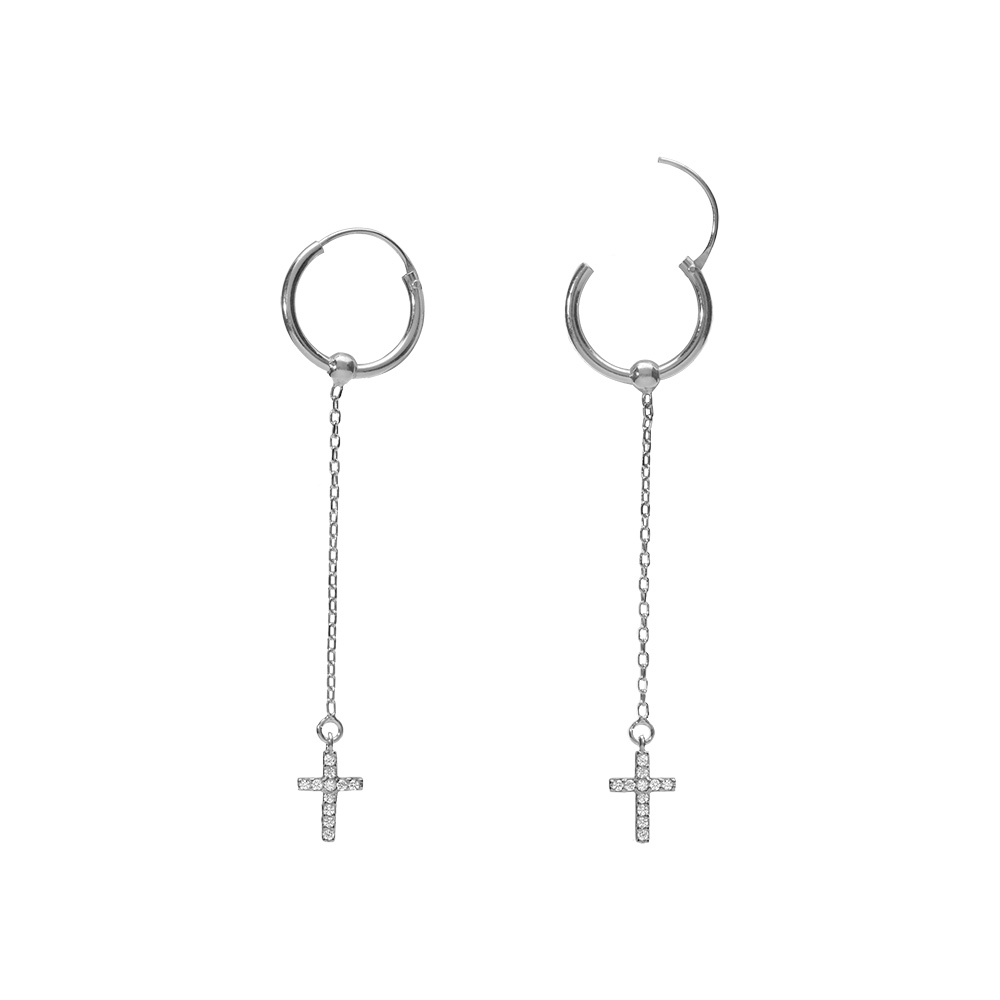 Cr�oles en argent rhodi� 15mm cha�nette et croix oxydes blancs - Vue 1