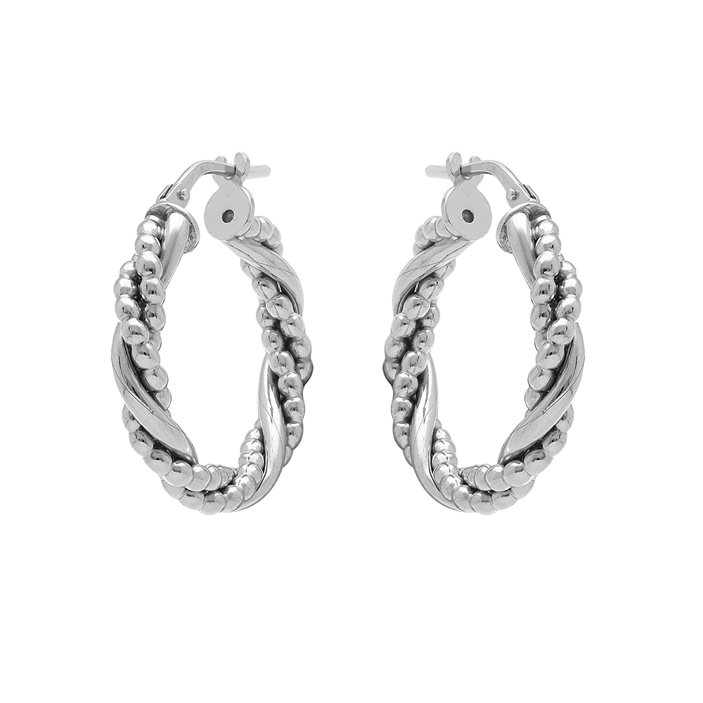 Croles en argent rhodi 15mm tresse et fil boules - Vue 1