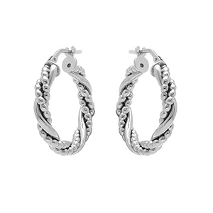 Créoles en argent rhodié 15mm tresse et fil boules - Vue 1
