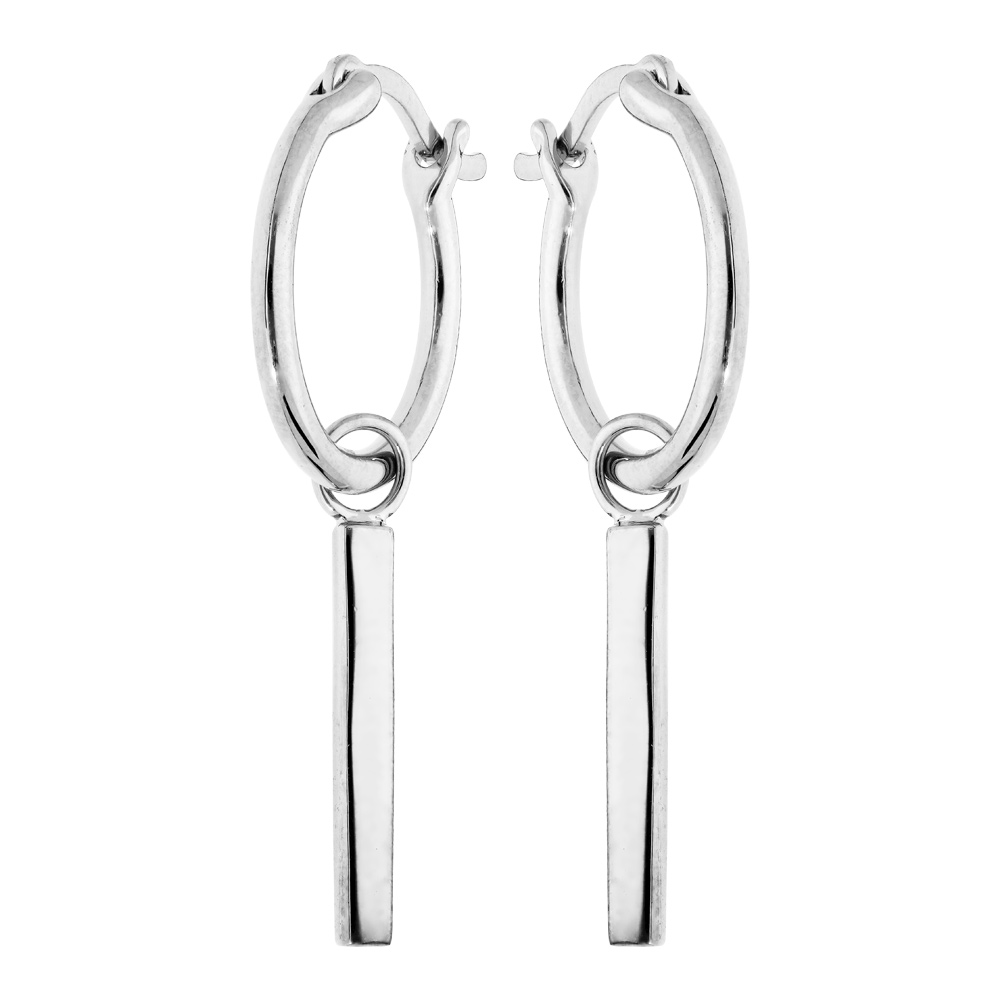 Cr�oles en argent rhodi� anneau 15mm avec pampille barre lisse - Vue 1