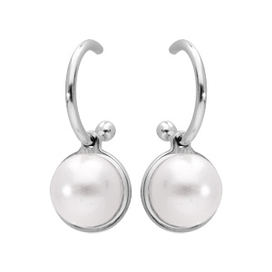 Croles en argent rhodi anneau avec perle blanche de Swarovski suspendue et fermoir poussette - Vue 1