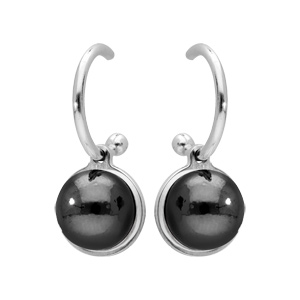 Croles en argent rhodi anneau avec perle noire de Swarovski suspendue et fermoir poussette - Vue 1