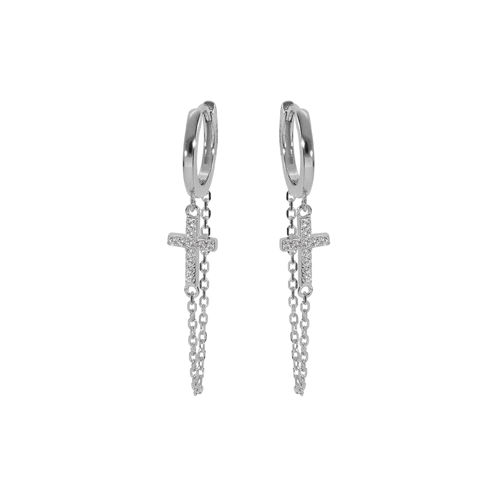 Cr�oles en argent rhodi� articul�e avec cha�nette et croix oxydes blancs sertis 12x6mm - Vue 1