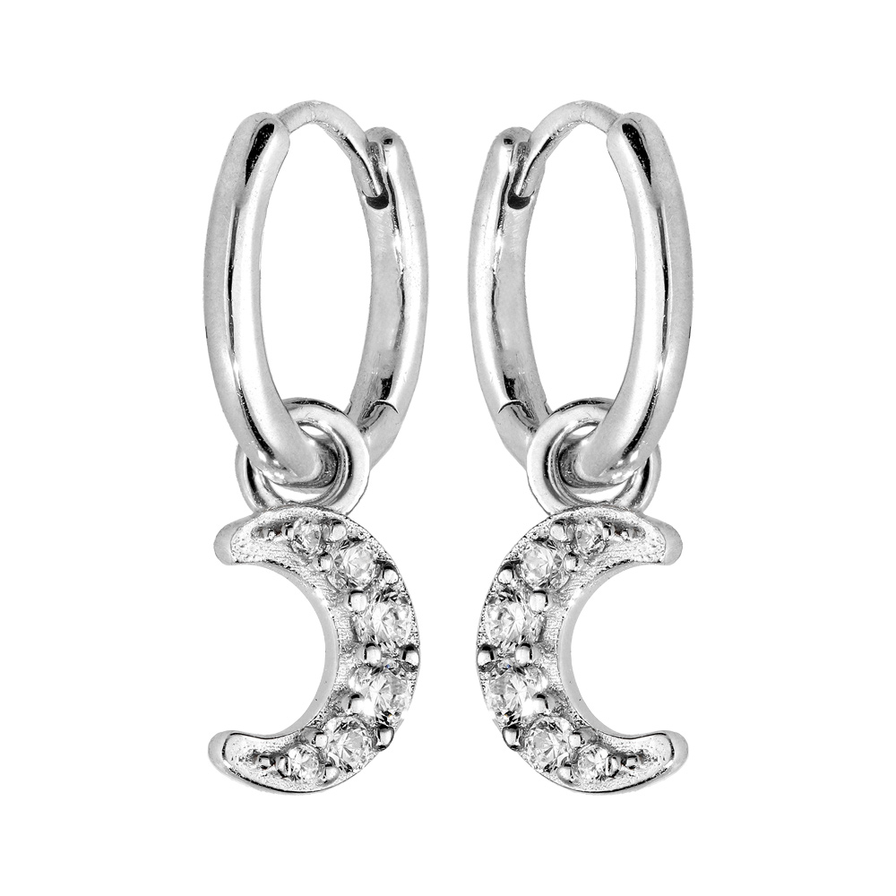 Cr�oles en argent rhodi� articul�e avec pampille lune pav�e d\'oxydes blancs - Vue 1