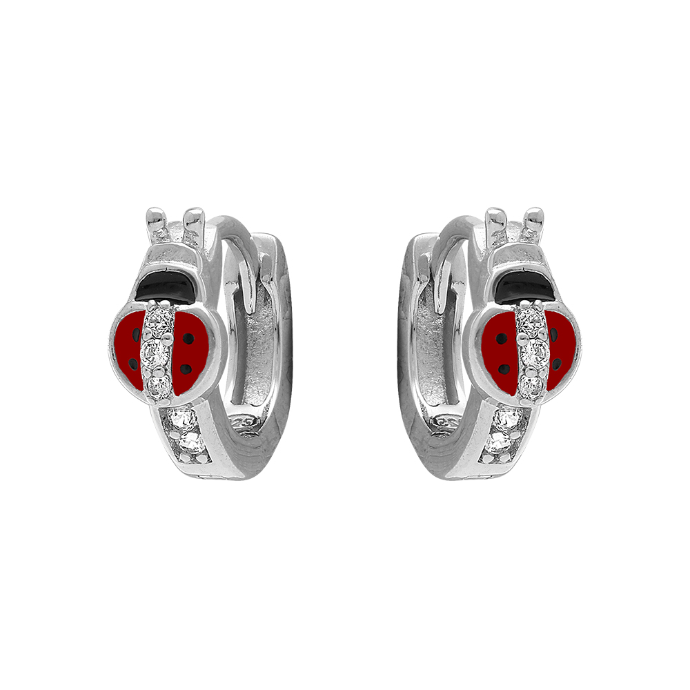 Croles en argent rhodi articules avec coccinnelle rsine rouge et oxydes blancs - Vue 1