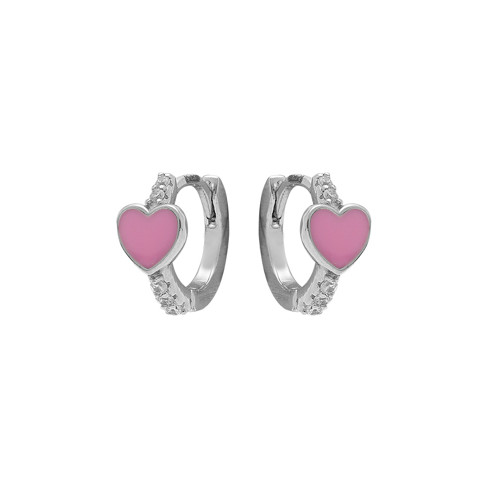 Cr�oles en argent rhodi� articul�es avec coeur r�sine rose et oxydes blancs - Vue 1