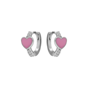 Créoles en argent rhodié articulées avec coeur résine rose et oxydes blancs - Vue 1