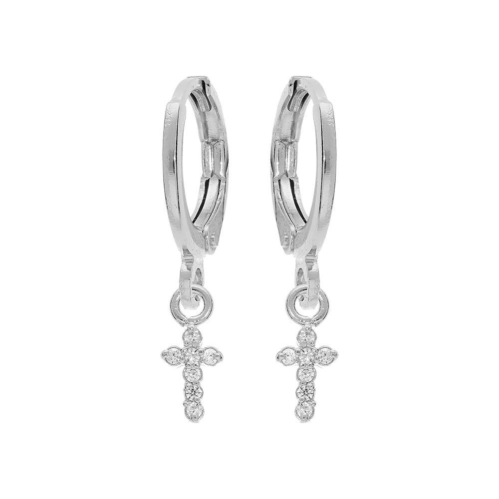 Croles en argent rhodi articules avec pampille croix et oxydes blancs sertis - Vue 1