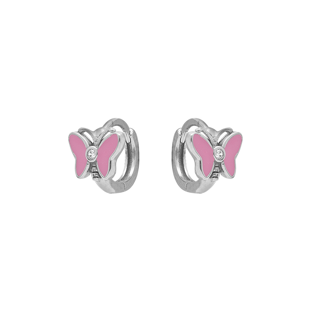 Cr�oles en argent rhodi� articul�es avec papillon r�sine rose et oxydes blancs - Vue 1