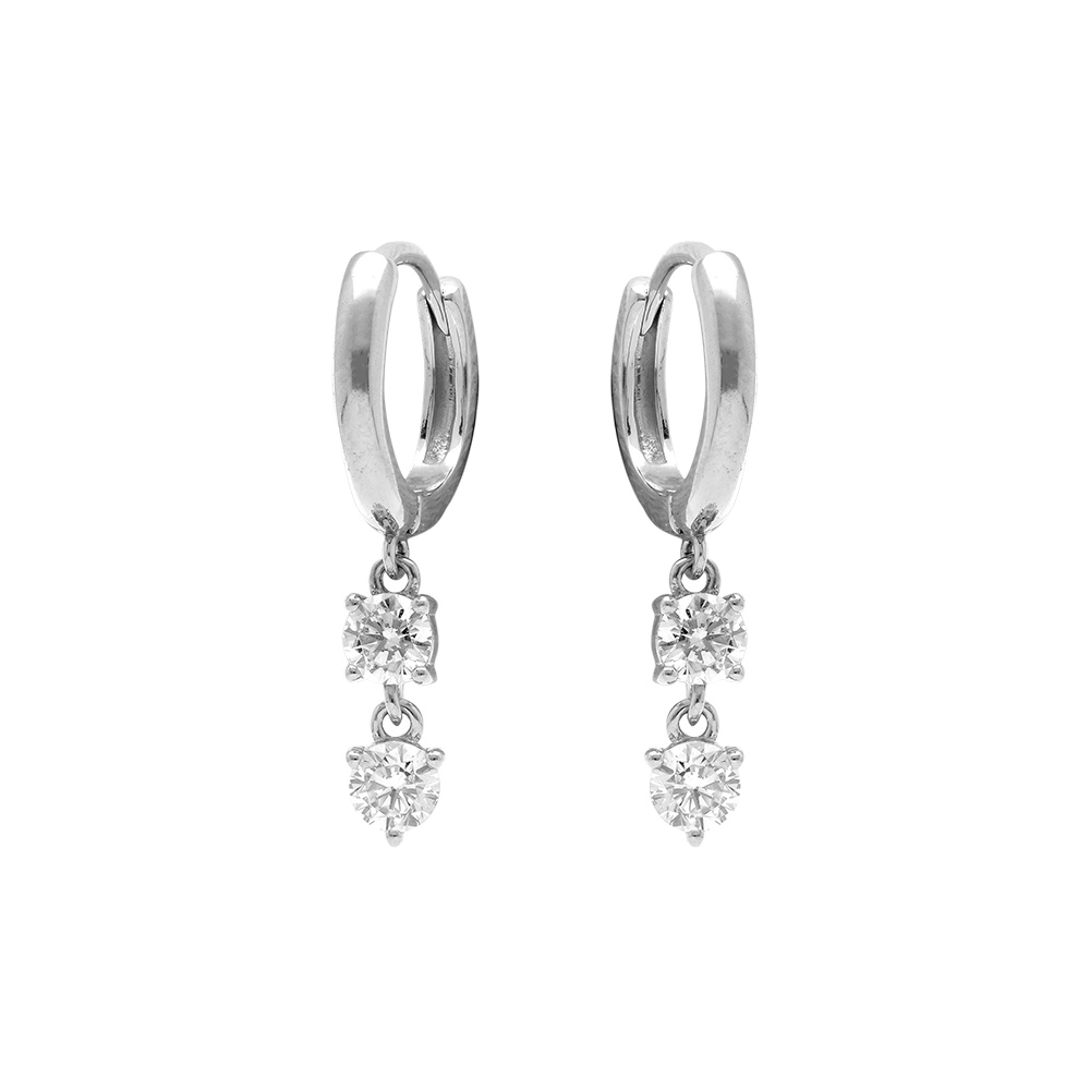 Cr�oles en argent rhodi� articul�es deux oxydes blancs pendants - Vue 1