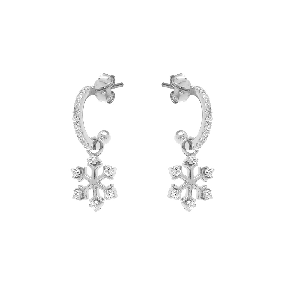 Cr�oles en argent rhodi� articul�es oxydes blancs motif flocon de neige pendant - Vue 1