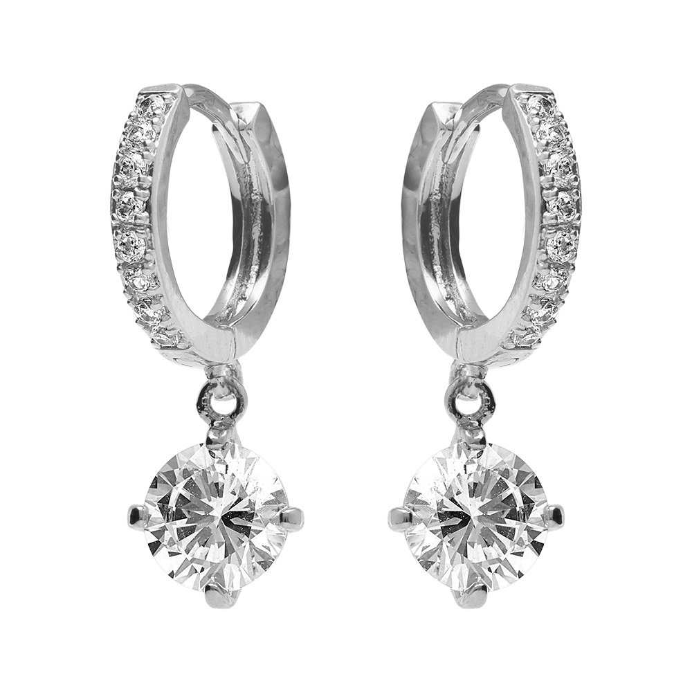 Cr�oles en  argent rhodi� avec coeur pendant d\' oxyde blanc - Vue 1