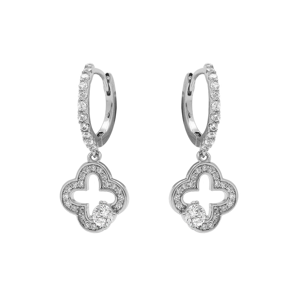 Cr�oles en argent rhodi� avec fleur oxydes blancs - Vue 1