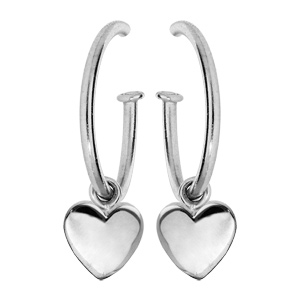 Créoles en argent rhodié avec pampille coeur et fermoir poussette - Vue 1