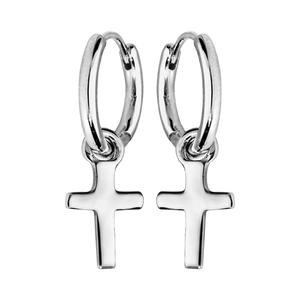 Croles en argent rhodi avec pampille croix - Vue 1