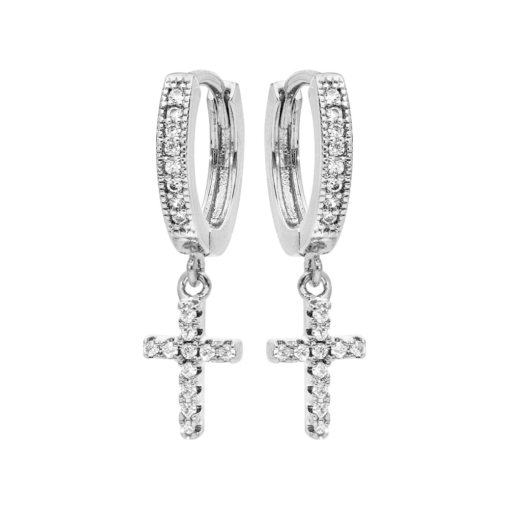 Cr�oles en argent rhodi� avec pampille Croix et oxydes blancs - Vue 1