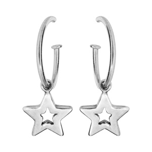 Créoles en argent rhodié avec pampille étoile et fermoir poussette - Vue 1