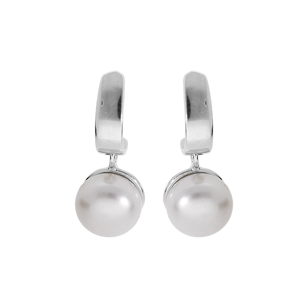 Cr�oles en argent rhodi� demi cr�oles avec Perle de culture d\'eau douce blanche suspendu et fermoir poussette - Vue 1