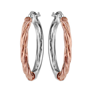 Créoles en argent rhodié et dorure rose moitié rose torsadée diamètre 26mm - Vue 1