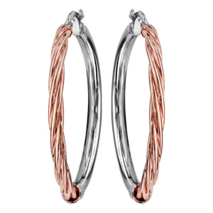 Créoles en Argent rhodié et dorure rose moitié rose torsadée diamètre 34mm - Vue 1