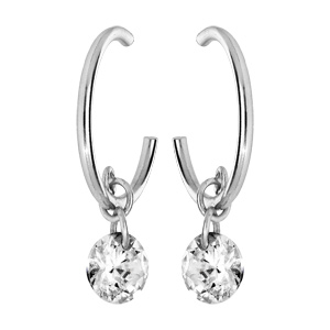 Créoles en argent rhodié fantaisie avec pampille oxyde blanc et fermoir poussette - Vue 1