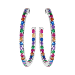 Créoles en argent rhodié fantaisie pierres multi couleurs et fermoir poussette - Vue 1