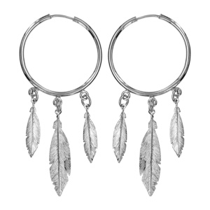 Créoles en argent rhodié fantaisies 3 pampilles plumes diamètre 30mm - Vue 1