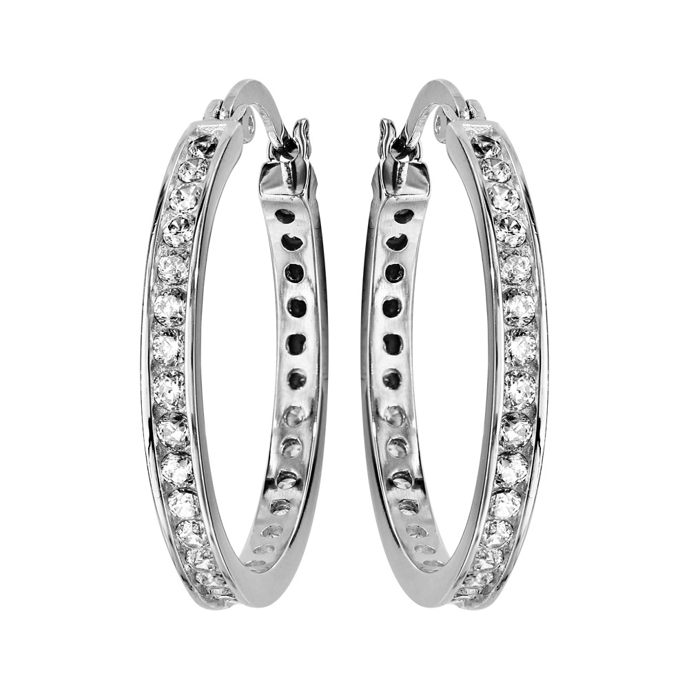 Croles en argent rhodi fantaisies ruban avec oxydes blancs sertis - Vue 1