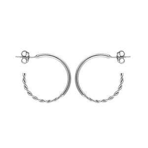Créoles en argent rhodié lisses et tressées 20mm et fermoir poussette - Vue 1