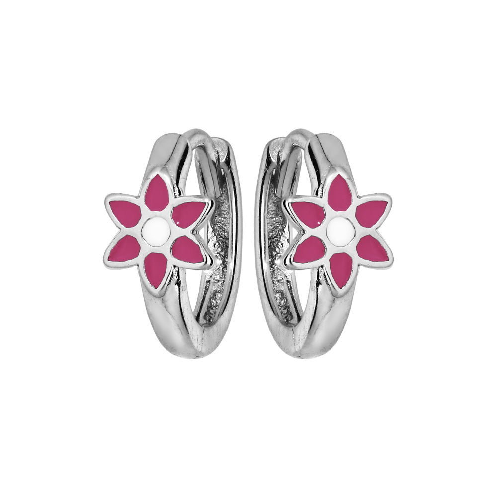 Croles en argent rhodi motif fleur rose - Vue 1