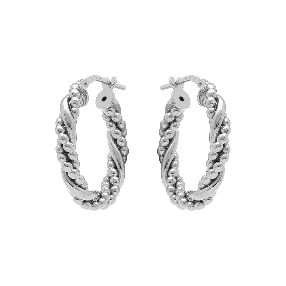 Croles en argent rhodi ovale 15mm tresse et fil boules - Vue 1