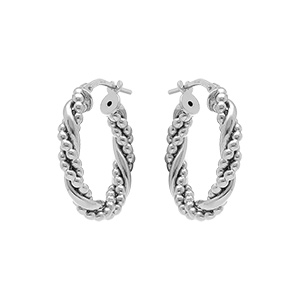 Créoles en argent rhodié ovale 15mm tresse et fil boules - Vue 1