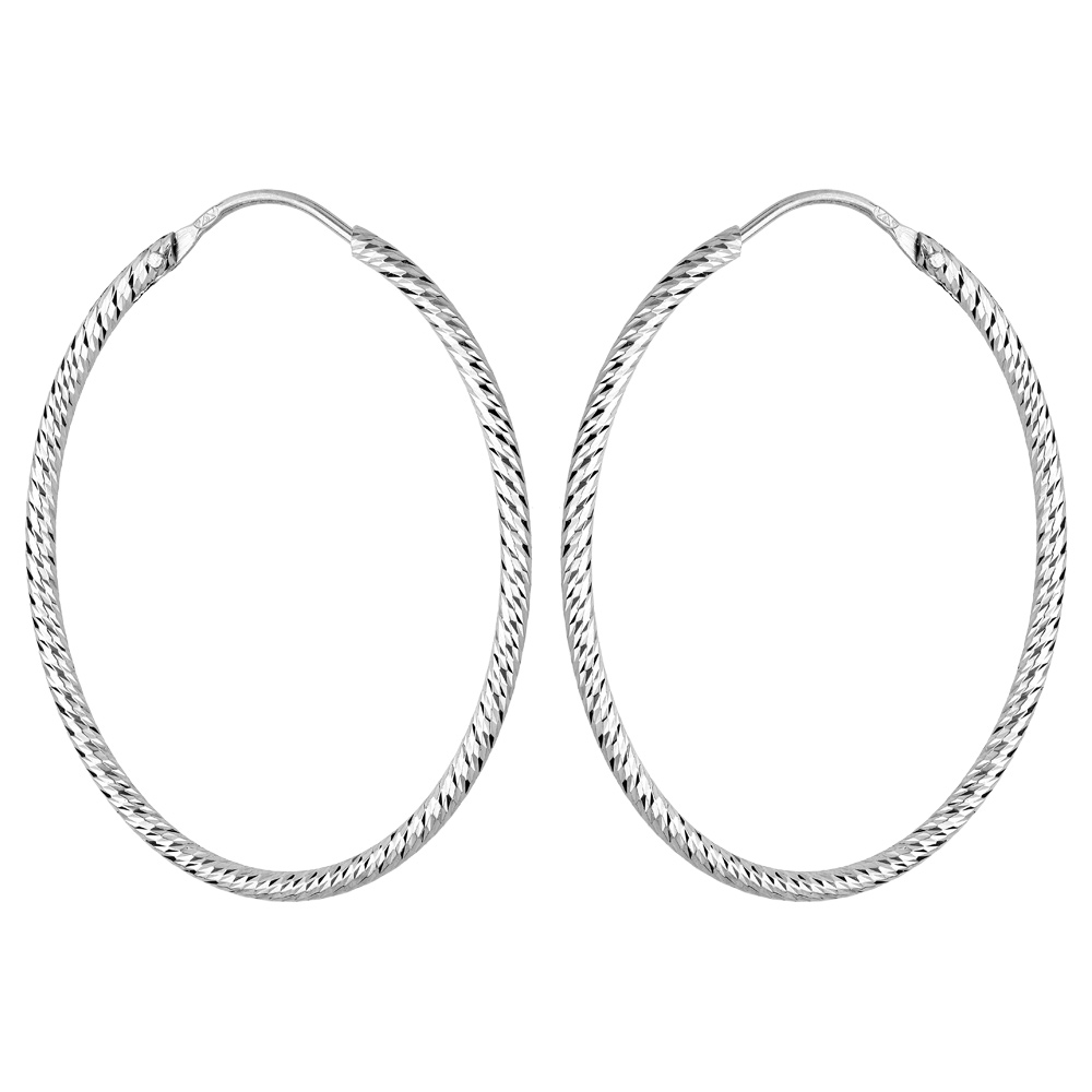 Cr�oles en argent rhodi� ovale fil diamant� 32mm - Vue 1
