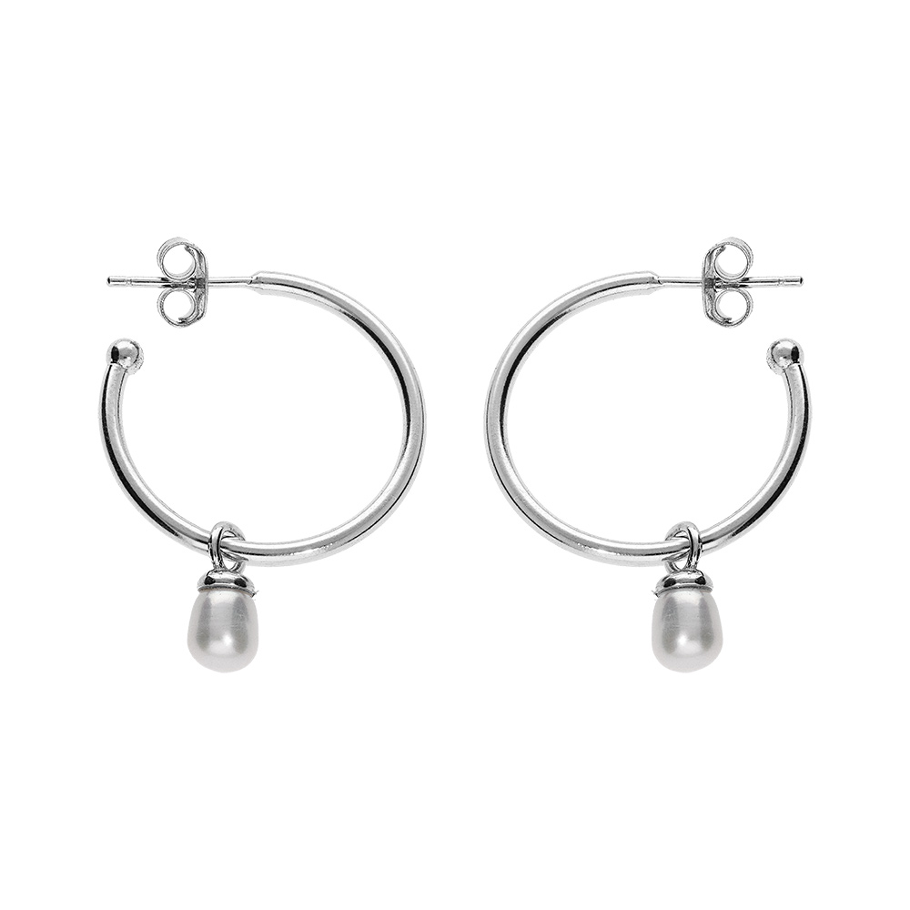 Cr�oles en argent rhodi�avec pampille Perle de culture d\'eau douce blanche et fermoir poussette - Vue 1