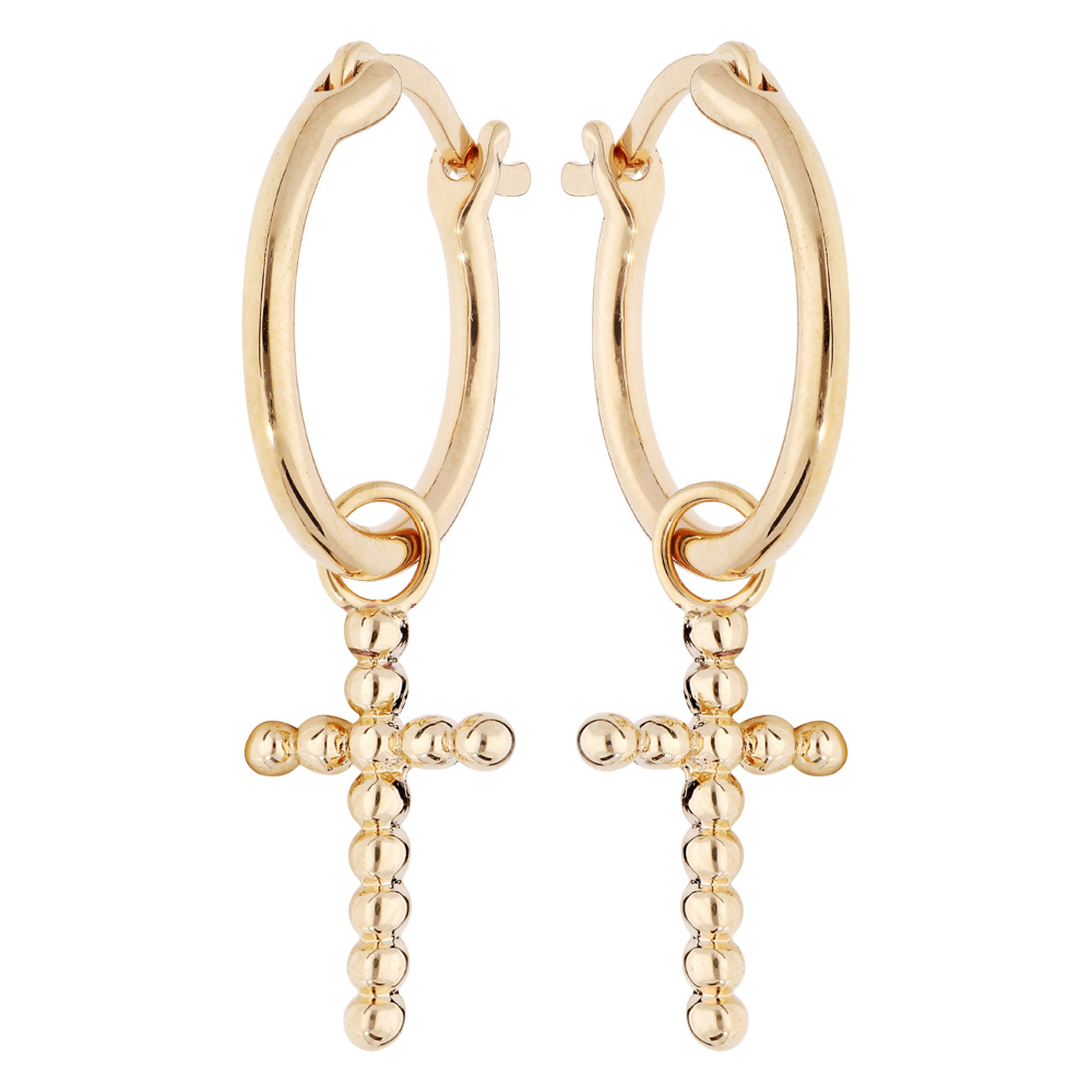 Cr�oles en plaqu� or anneau 12mm avec pampille croix boule - Vue 1