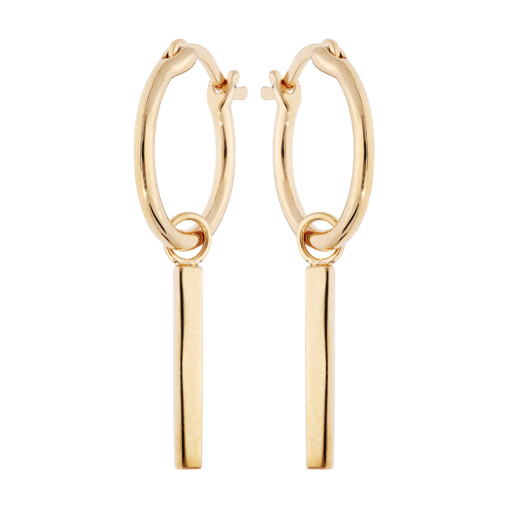 Cr�oles en plaqu� or anneau 14mm avec pampille barre lisse - Vue 1