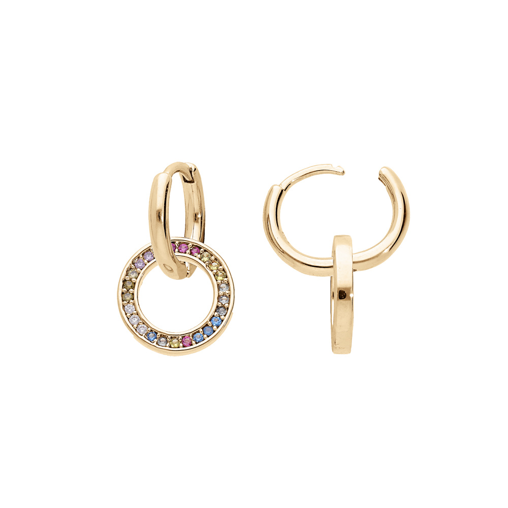 Cr�oles en plaqu� or anneau avec anneau empierr� multicouleur suspendue - Vue 1