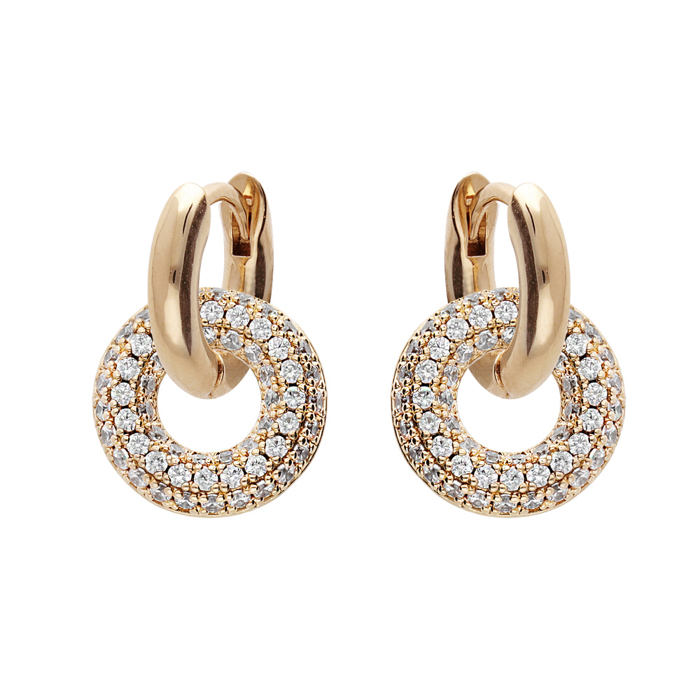 Cr�oles en plaqu� or articul�es avec anneaux oxydes blancs sertis - Vue 1