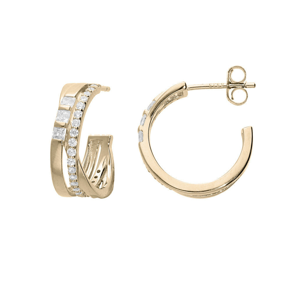 Cr�oles en plaqu� or crois�es avec rail d\'oxydes blancs sertis et fermoir poussette - Vue 1