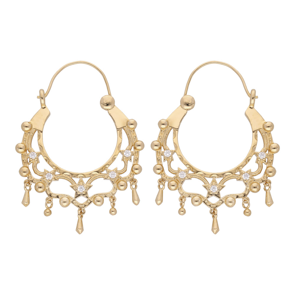 Croles en plaqu or ethnique toiles et oxydes blancs sertis 30mm - Vue 1