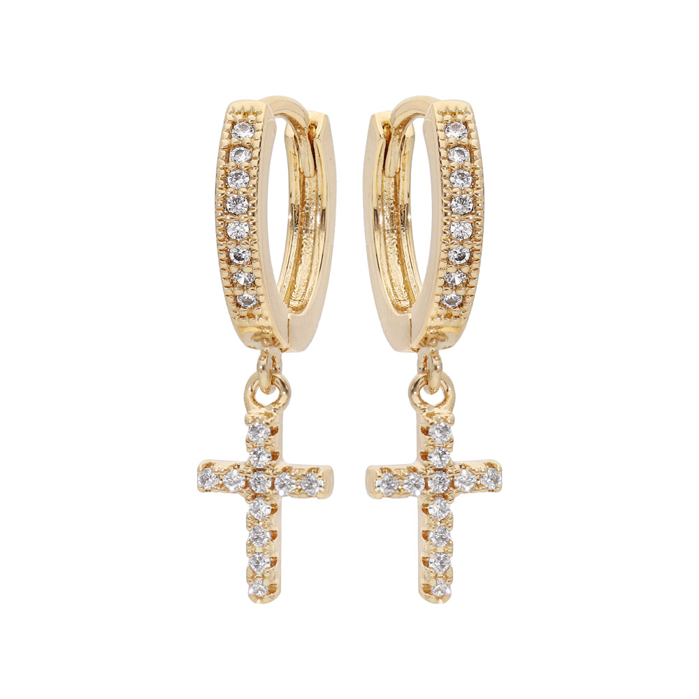 Cr�oles en plaqu� or fantaisie avec pampille Croix d\'oxydes blancs sertis - Vue 1