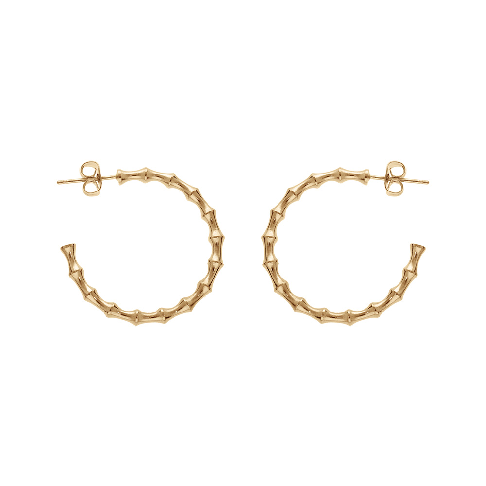 Cr�oles en plaqu� or ronde tube fantaise style bambou diam�tre 30mm fermoir poussette - Vue 1