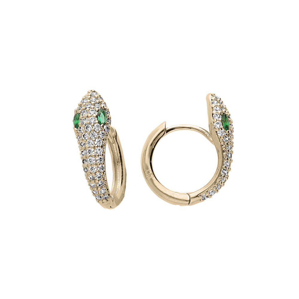 Cr�oles en plaqu� or serpent enroul� avec oxydes blancs et verts sertis - Vue 1