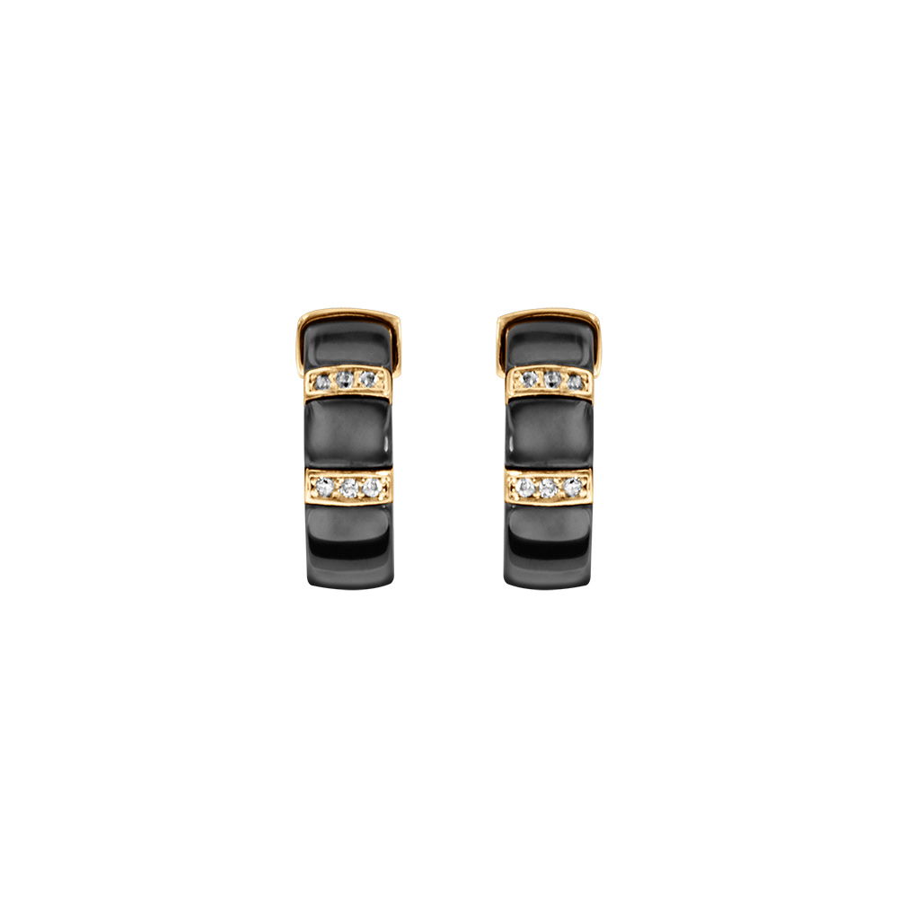 Cr�oles en vermeil massif demi cercle c�ramique noire deux barrettes d\'oxydes micro sertis blancs - Vue 1